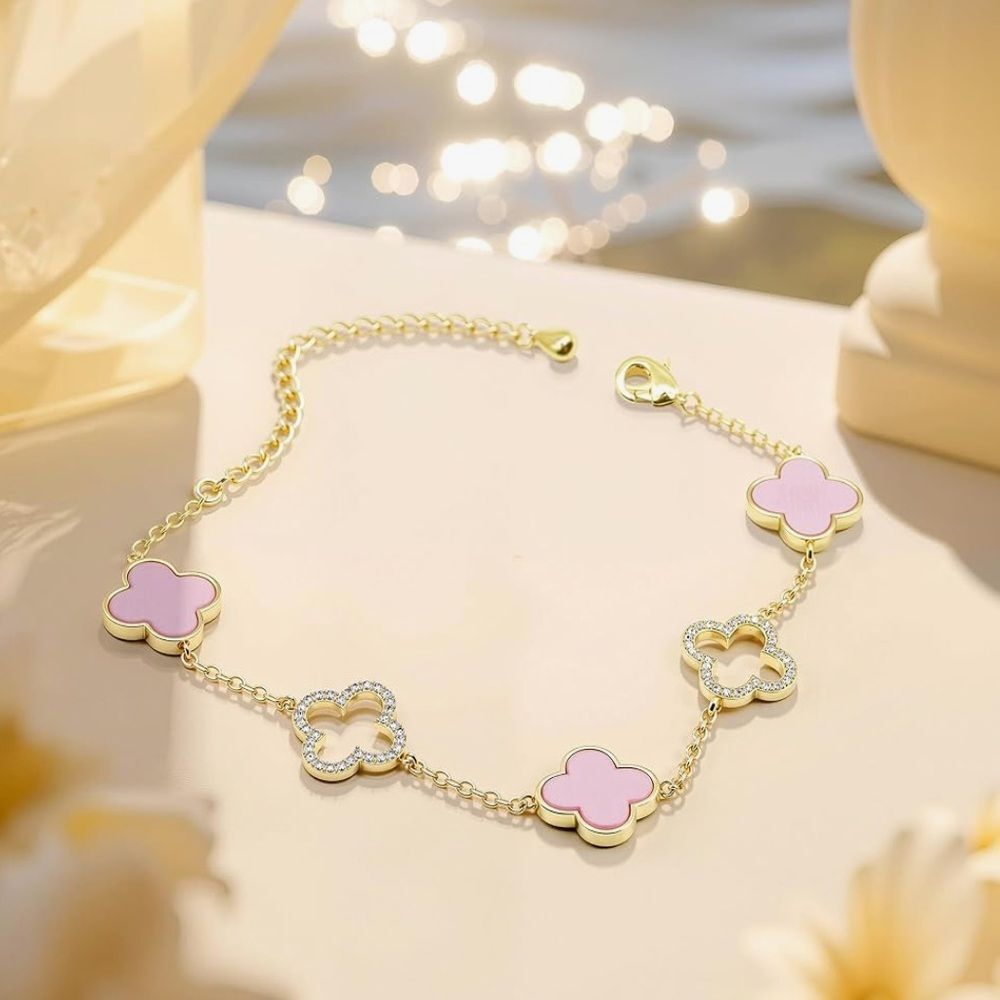 18K Gold Clover Bracelet Pink Enamel Four Leaf Lucky Charm Floral Dainty Chain